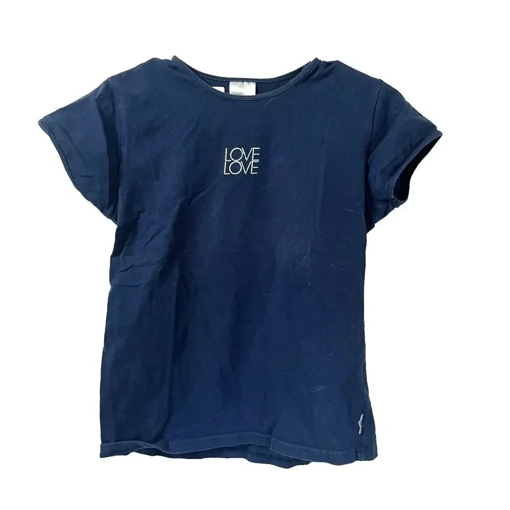 Vtg Nike Womens Navy Blue T Shirt L Pullover Short Sleeve Love Rhinestone Tennis
